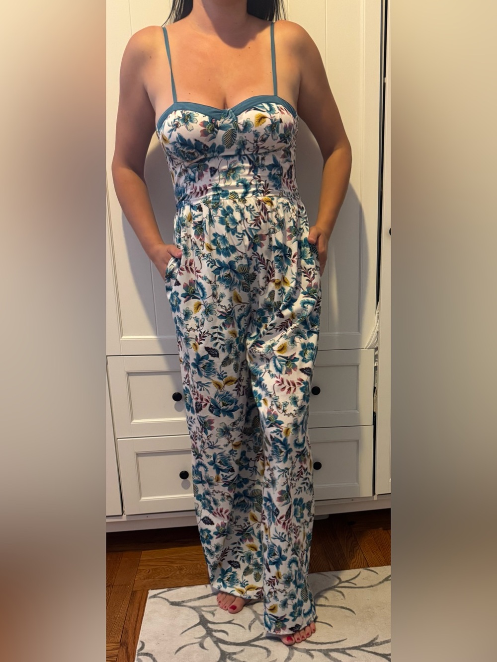 Floral Sweetheart Wide-Leg Jumpsuit in Teal and White